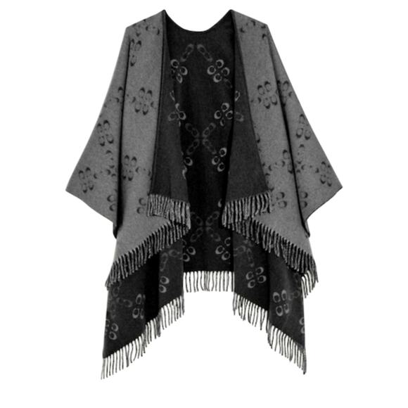 COACH Wool Poncho Reversible Signature Monogram Cape Black Gray - Picture 1 of 3